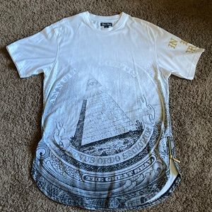 Money Curved Hem Tee with Gold Zipper Size XL White Black Gray Gold